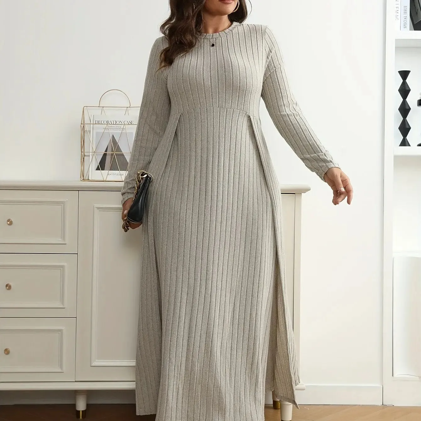 Grey Ribbed Split Waist Dress
