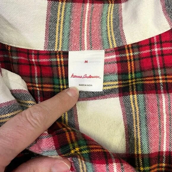 Hanna Andersson Women’s Flannel Long Pajama Set, Size Med, Holiday Plaid Red/Wht