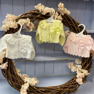 “Hannah” Spanish Boutique Luxury Bow Bolero With Frilly Knit Detailing