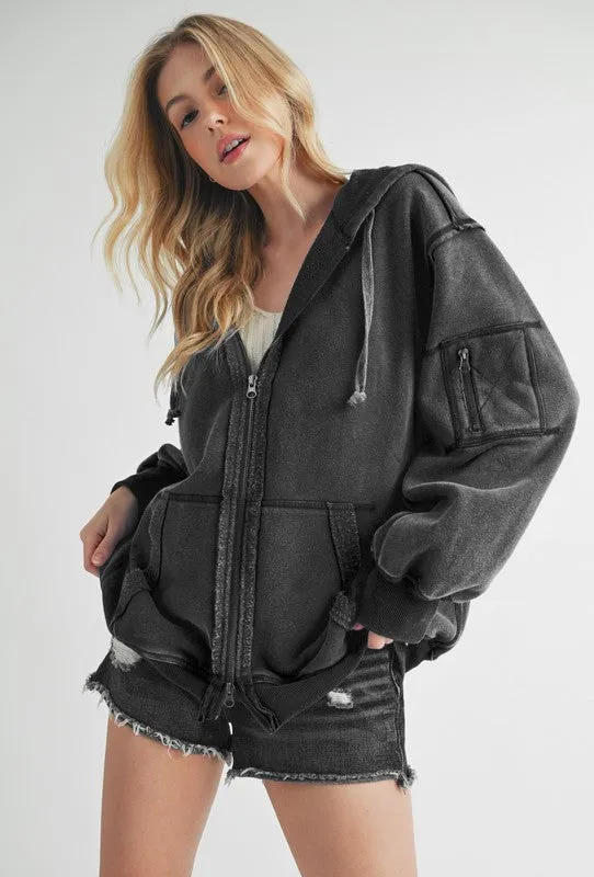 Hazel Blues® |  Aemi Co Exposed Seam Zip Up Drawstring Hooded Jacket