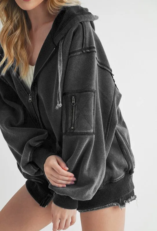 Hazel Blues® |  Aemi Co Exposed Seam Zip Up Drawstring Hooded Jacket