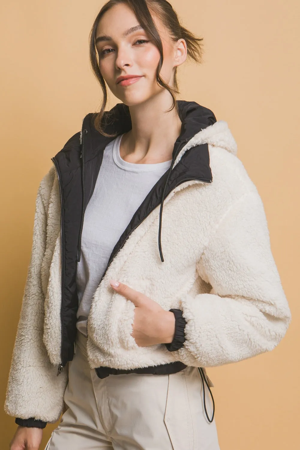 Hazel Blues® |  Love Tree Zip Up Cropped Hooded Sherpa Reversible Jacket