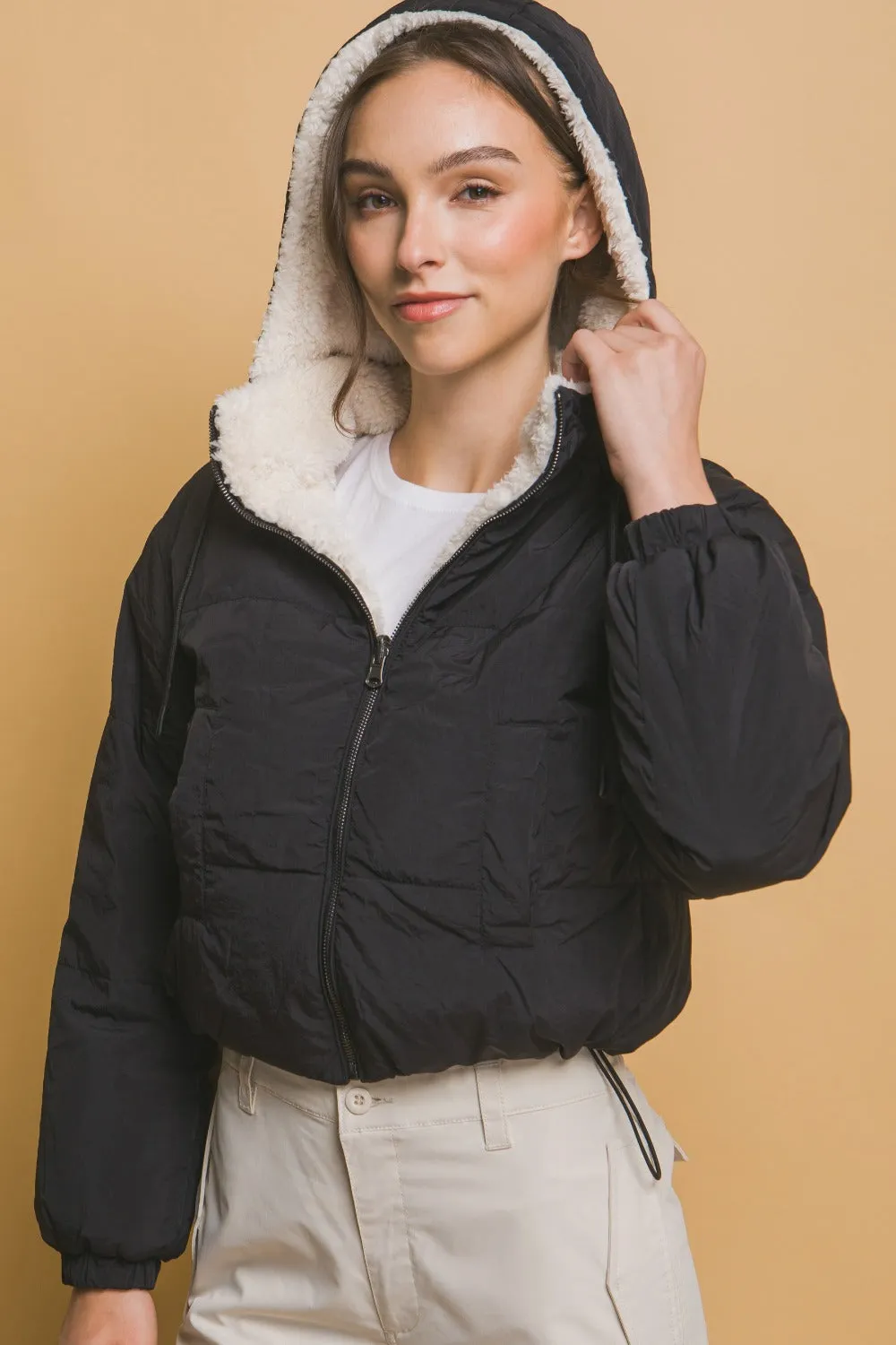Hazel Blues® |  Love Tree Zip Up Cropped Hooded Sherpa Reversible Jacket