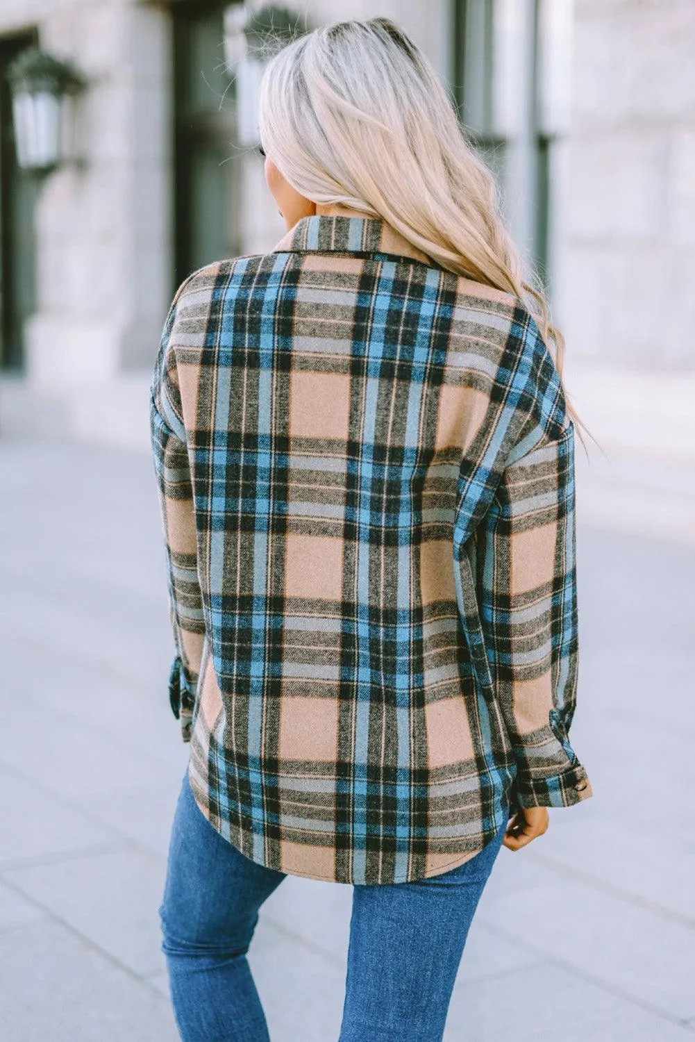 Hazel Blues® | Plaid Curved Hem Shirt Jacket with Breast Pockets