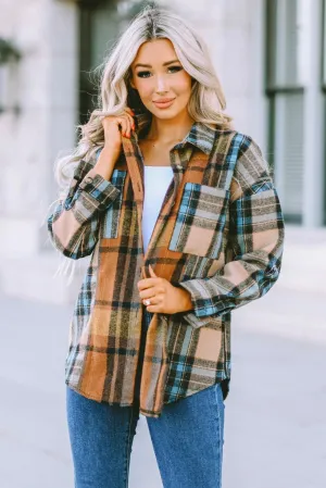Hazel Blues® | Plaid Curved Hem Shirt Jacket with Breast Pockets