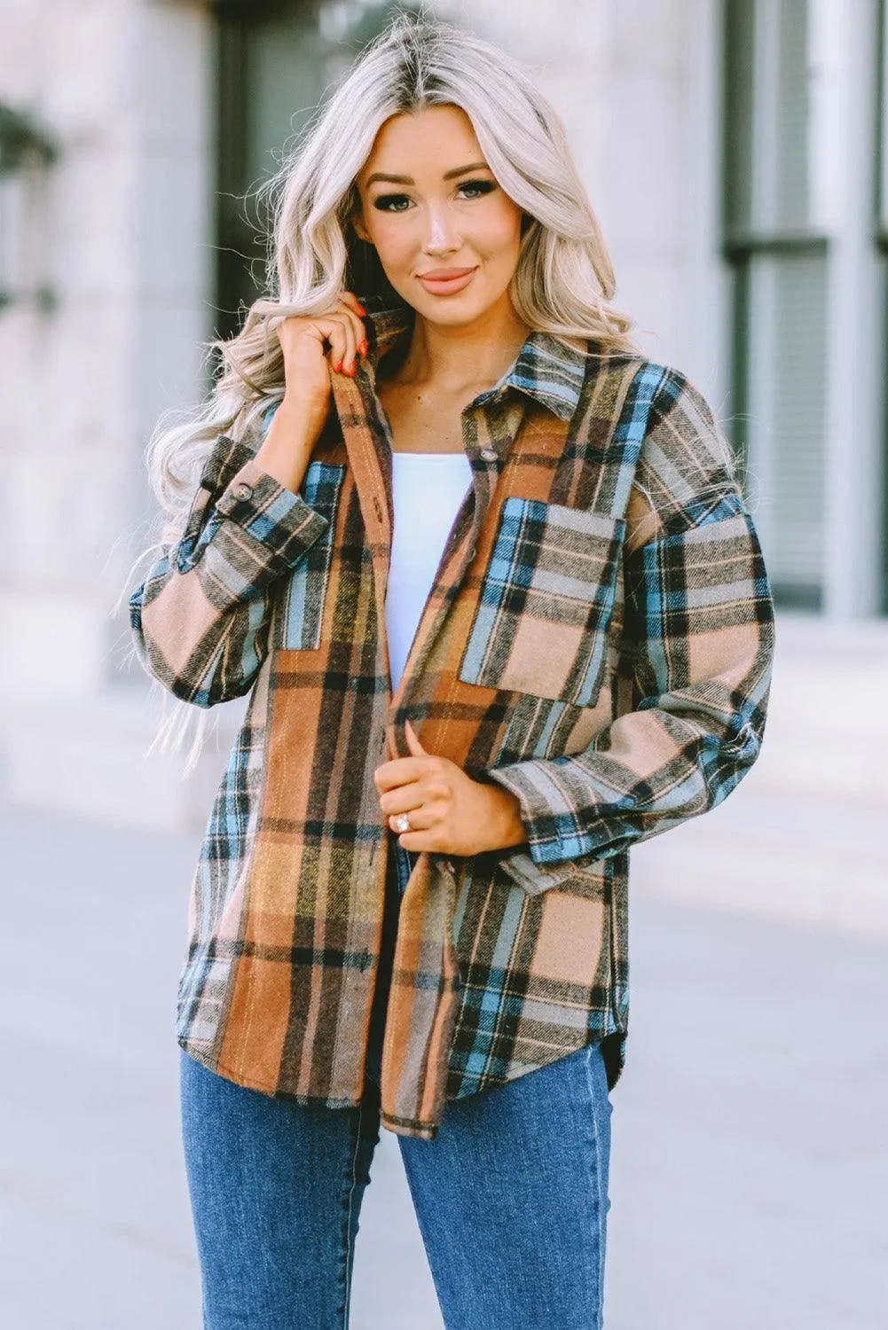 Hazel Blues® | Plaid Curved Hem Shirt Jacket with Breast Pockets