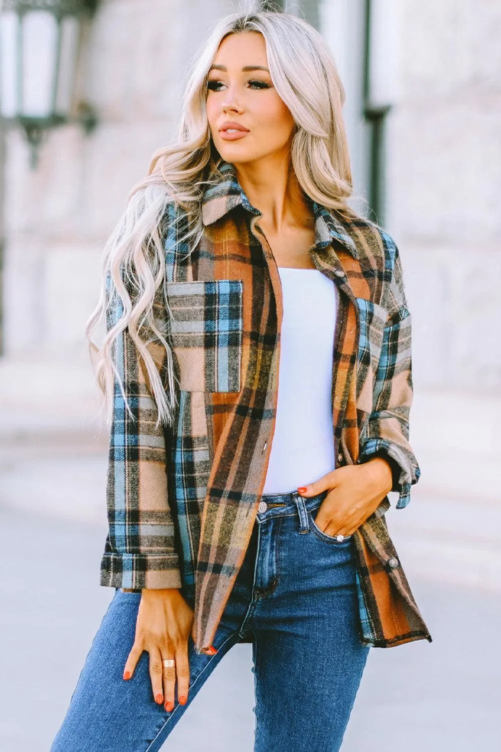 Hazel Blues® | Plaid Curved Hem Shirt Jacket with Breast Pockets