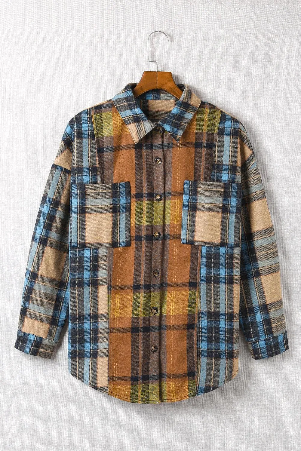 Hazel Blues® | Plaid Curved Hem Shirt Jacket with Breast Pockets