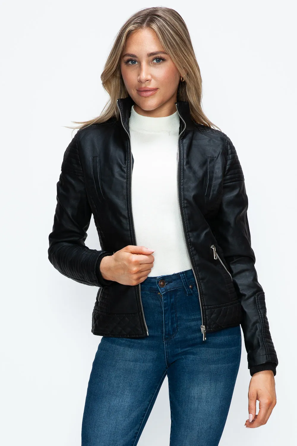 Hazel Blues® |  YMI Faux Layered Double-Zipper Jacket with Fuzzy Hood