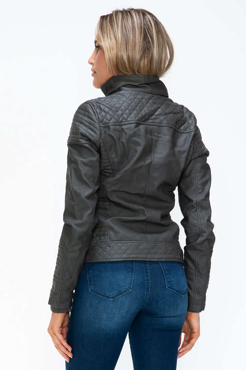 Hazel Blues® |  YMI Faux Layered Double-Zipper Jacket with Fuzzy Hood