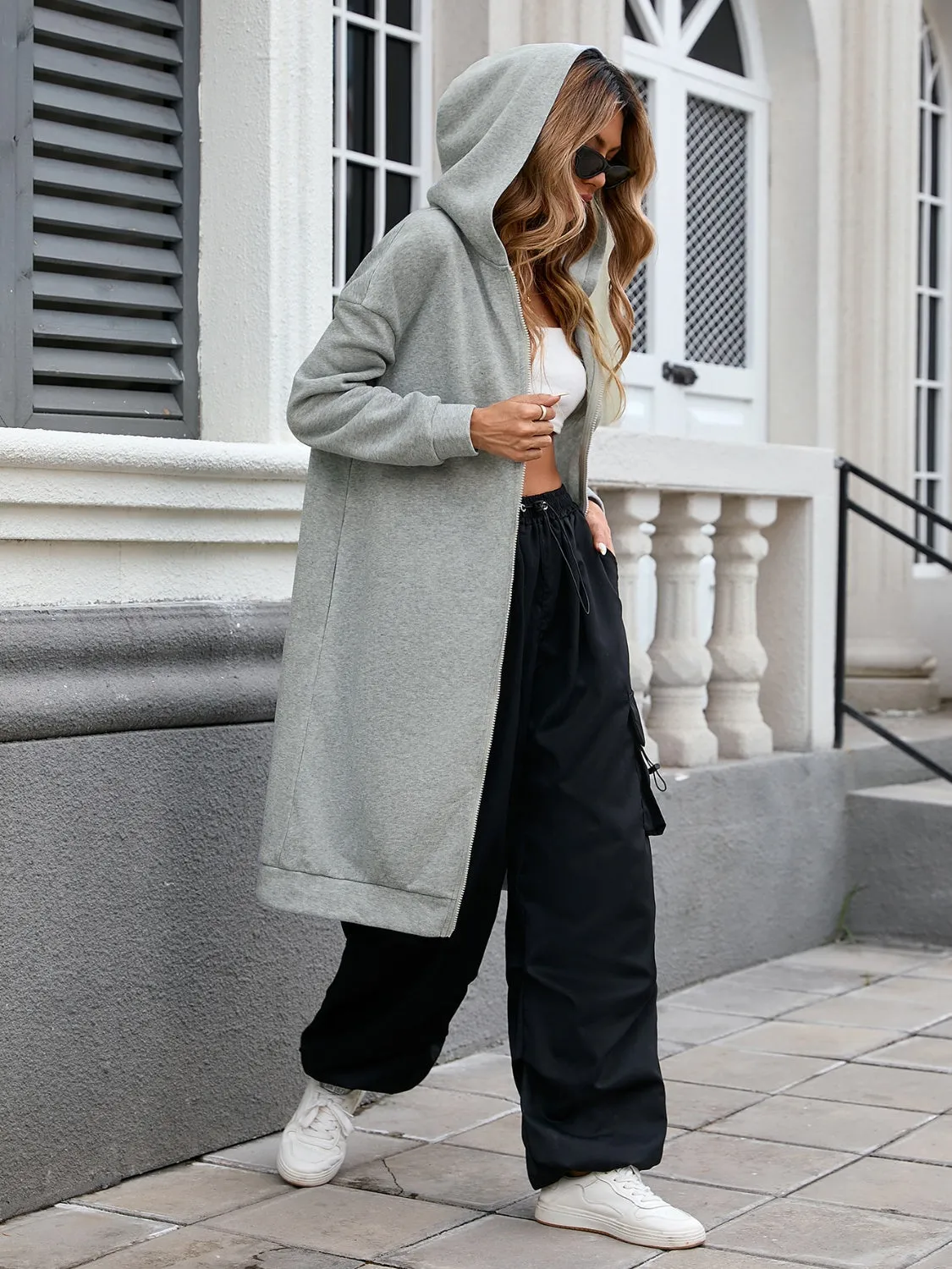Hazel Blues® |  Zip Up Long Sleeve Longline Hooded Outerwear