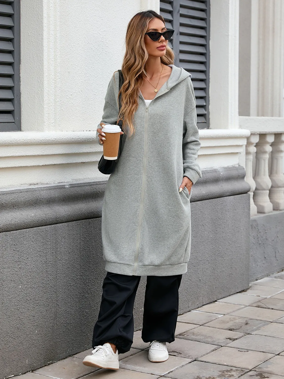 Hazel Blues® |  Zip Up Long Sleeve Longline Hooded Outerwear
