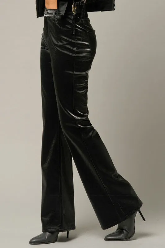 High Rise Flare Pants Black Shiny PU Fabric