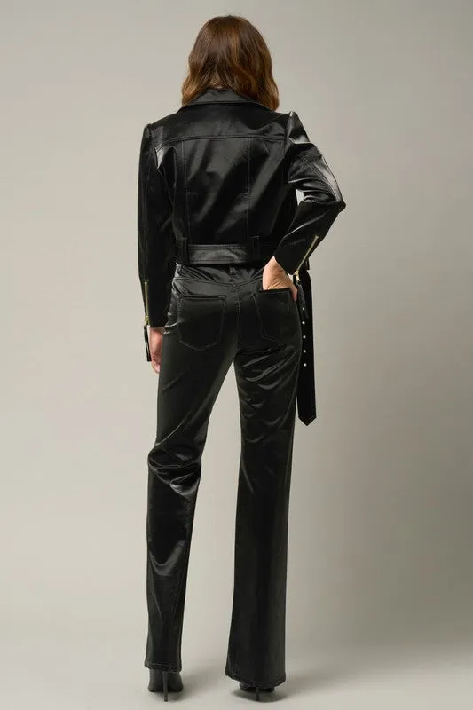 High Rise Flare Pants Black Shiny PU Fabric