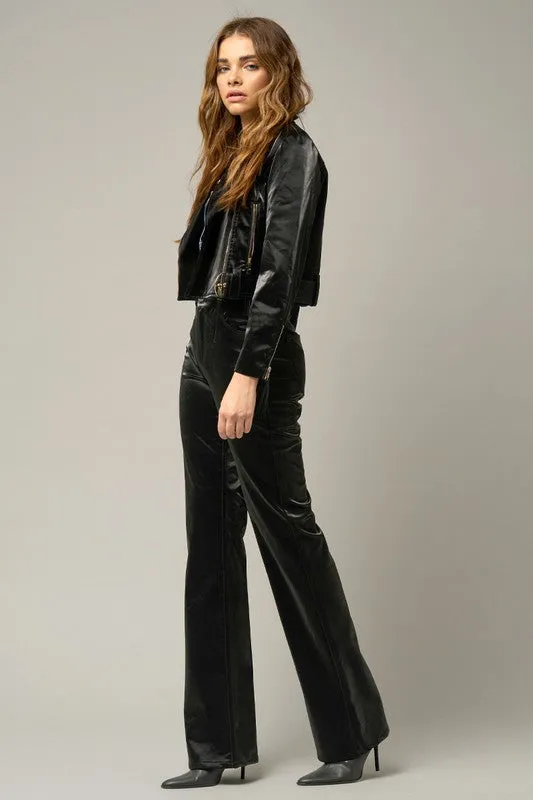High Rise Flare Pants Black Shiny PU Fabric