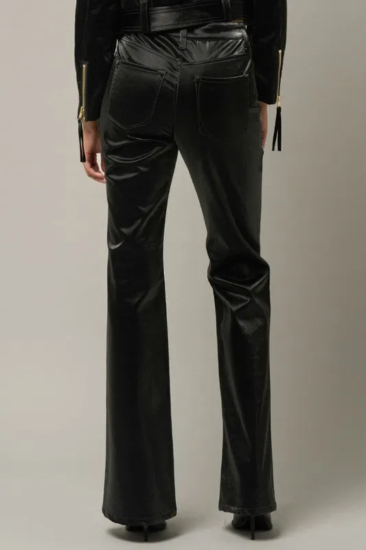 High Rise Flare Pants Black Shiny PU Fabric
