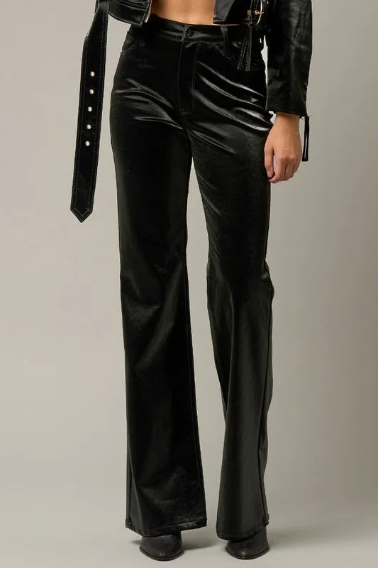High Rise Flare Pants Black Shiny PU Fabric