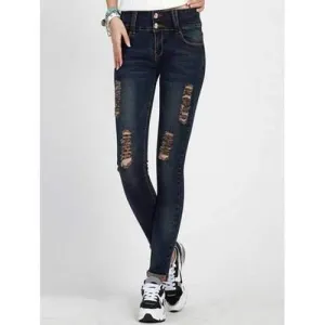 High Rise Skinny Ripped Jeans - Deep Blue S