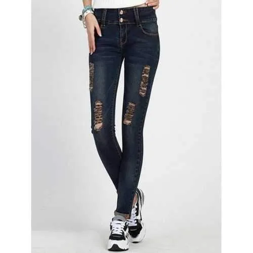High Rise Skinny Ripped Jeans - Deep Blue S