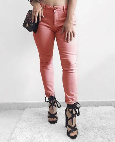High Waist Pink Popular Pocket Denim Trousers