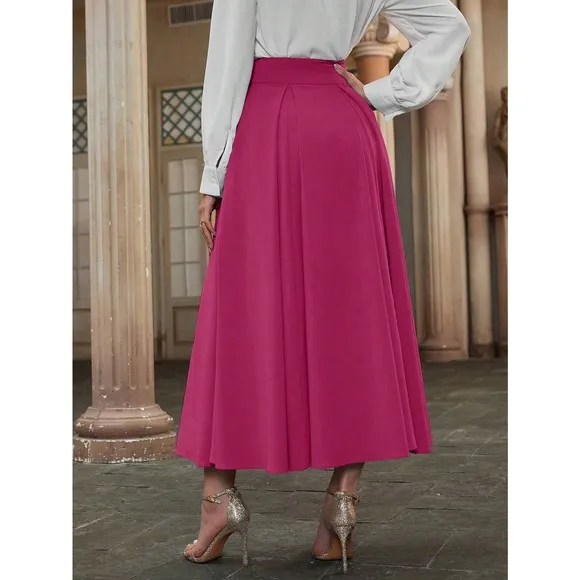 High Waist Pleated Detail Flare midi Skirt business casual blue