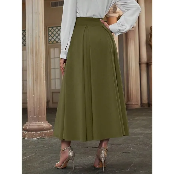 High Waist Pleated Detail Flare midi Skirt business casual blue