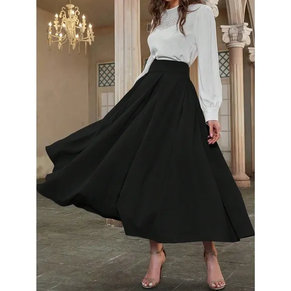 High Waist Pleated Detail Flare midi Skirt business casual blue