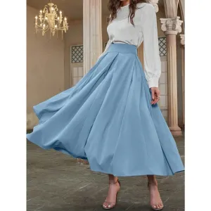 High Waist Pleated Detail Flare midi Skirt business casual blue