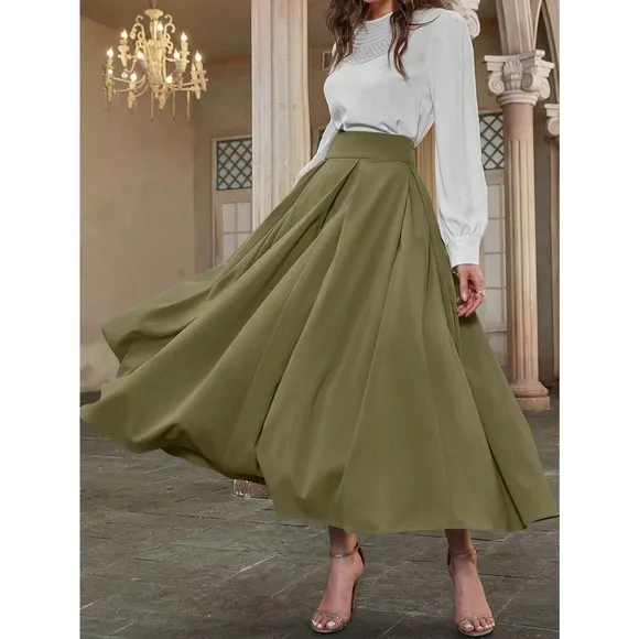 High Waist Pleated Detail Flare midi Skirt business casual blue