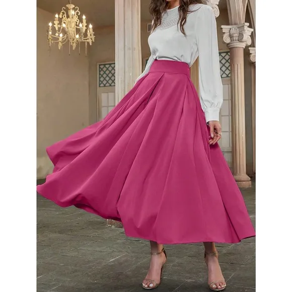 High Waist Pleated Detail Flare midi Skirt business casual blue