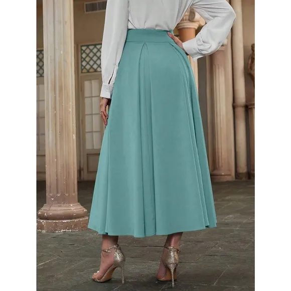 High Waist Pleated Detail Flare midi Skirt business casual blue