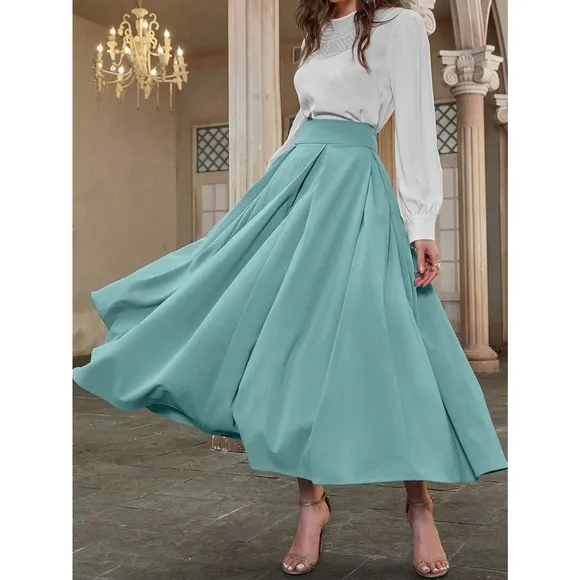 High Waist Pleated Detail Flare midi Skirt business casual blue