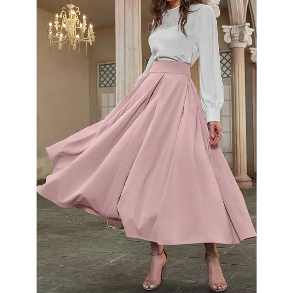High Waist Pleated Detail Flare midi Skirt business casual blue