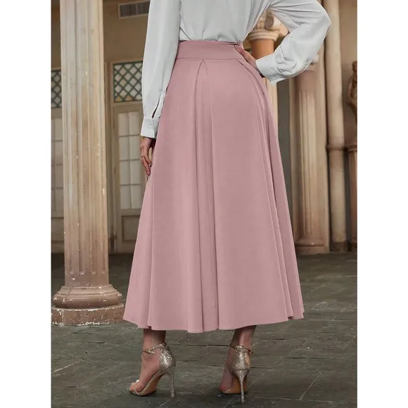 High Waist Pleated Detail Flare midi Skirt business casual blue