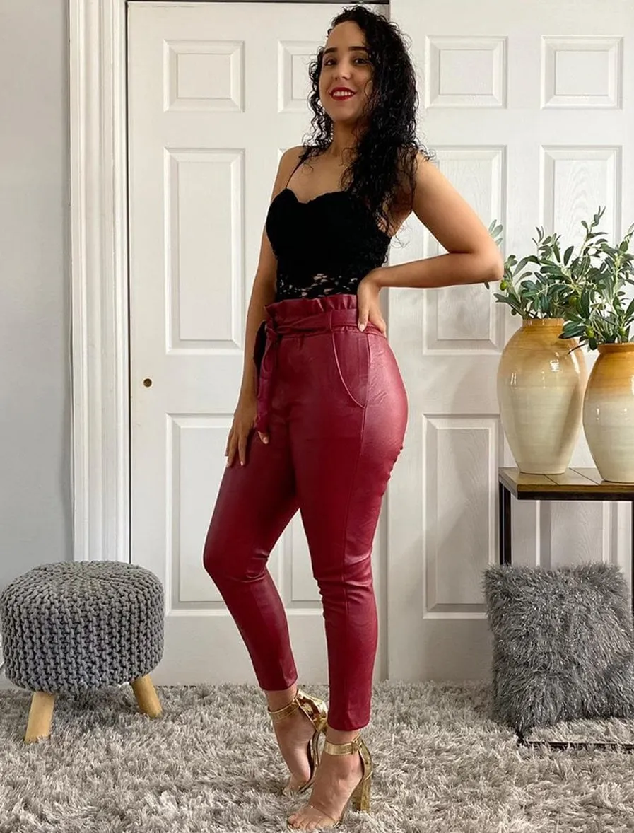 High Waisted Paperbag Faux Leather Pants