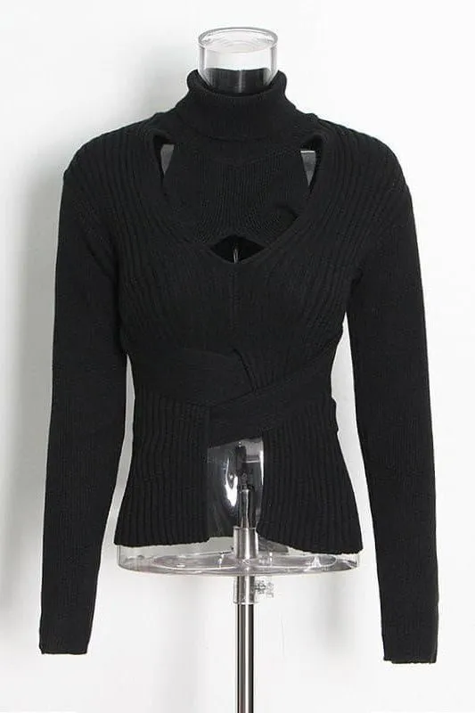 Hollow high neck tie elastic slim short sweater