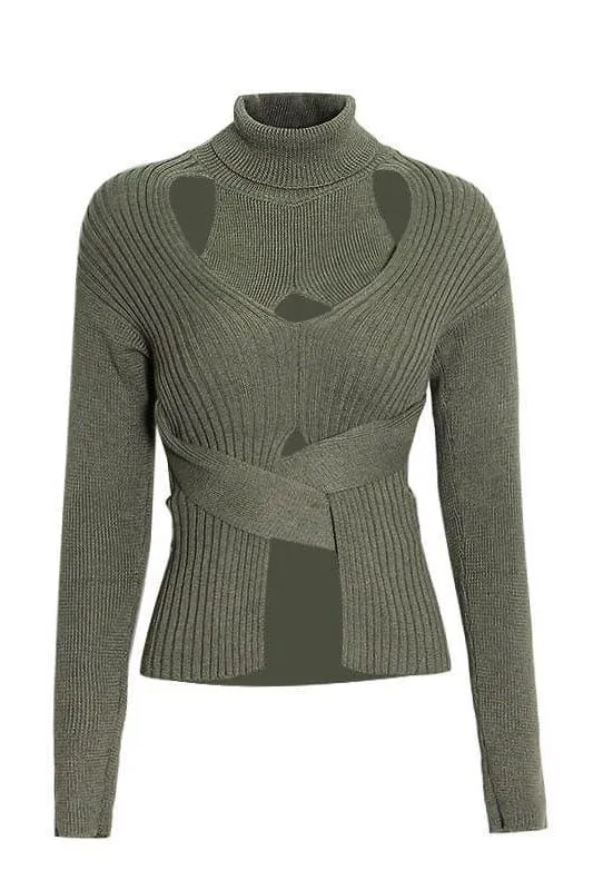 Hollow high neck tie elastic slim short sweater