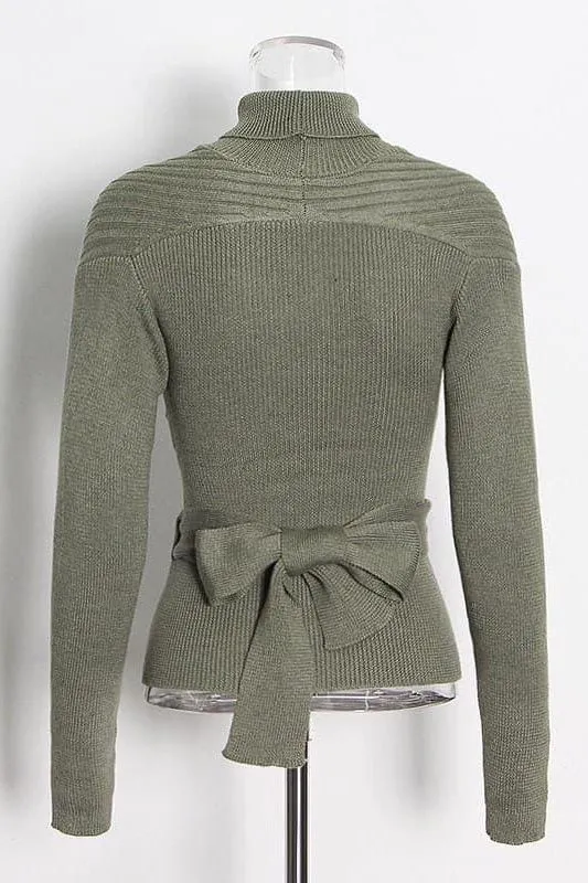 Hollow high neck tie elastic slim short sweater
