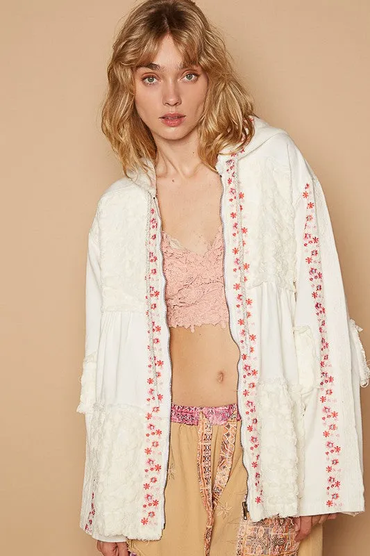 Ivory Embroidered Lace Patch Zip Up Hooded Jacket
