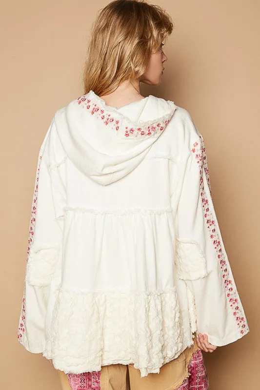 Ivory Embroidered Lace Patch Zip Up Hooded Jacket