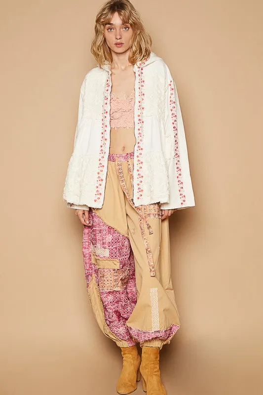 Ivory Embroidered Lace Patch Zip Up Hooded Jacket