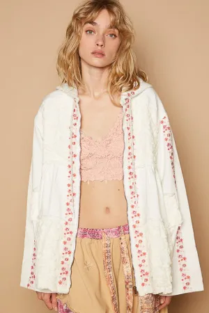 Ivory Embroidered Lace Patch Zip Up Hooded Jacket