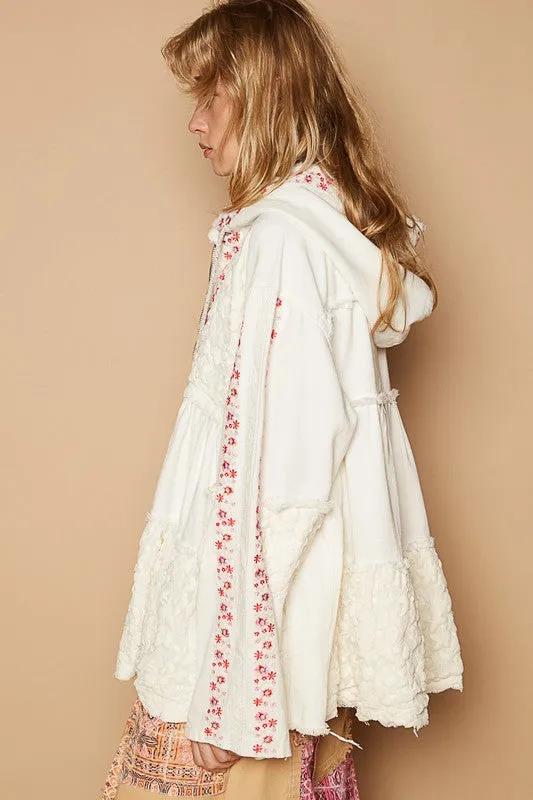 Ivory Embroidered Lace Patch Zip Up Hooded Jacket