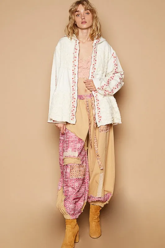 Ivory Embroidered Lace Patch Zip Up Hooded Jacket