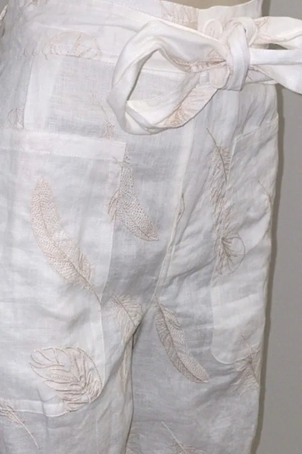 Jade by Johnny Was Leaves Linen Embroidered Belted Tapered Pants L64421