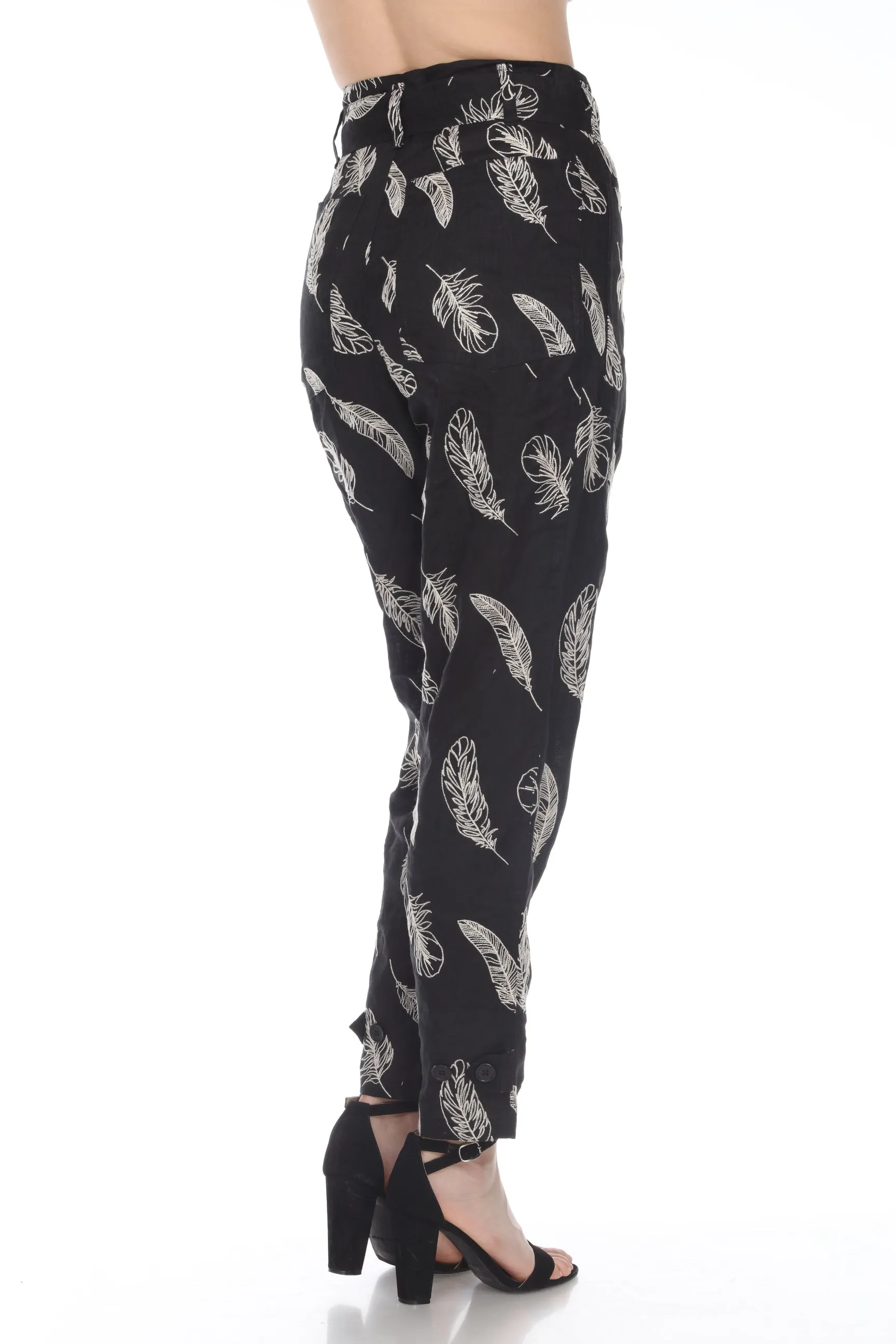 Jade by Johnny Was Leaves Linen Embroidered Belted Tapered Pants L64421