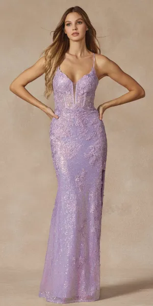 Juliet 2405 Machine Sequin Lace Embellishments High Slit Prom Gown