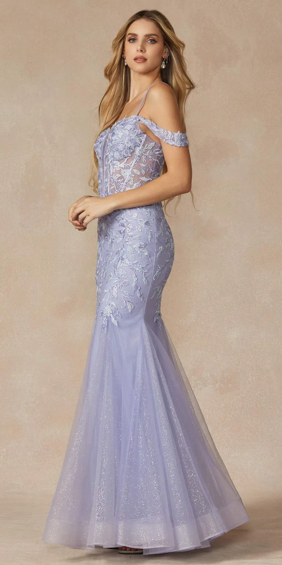 Juliet 290 Leaf Lace Embroidered Fitted Plunging Deep V-Neckline Prom Gown