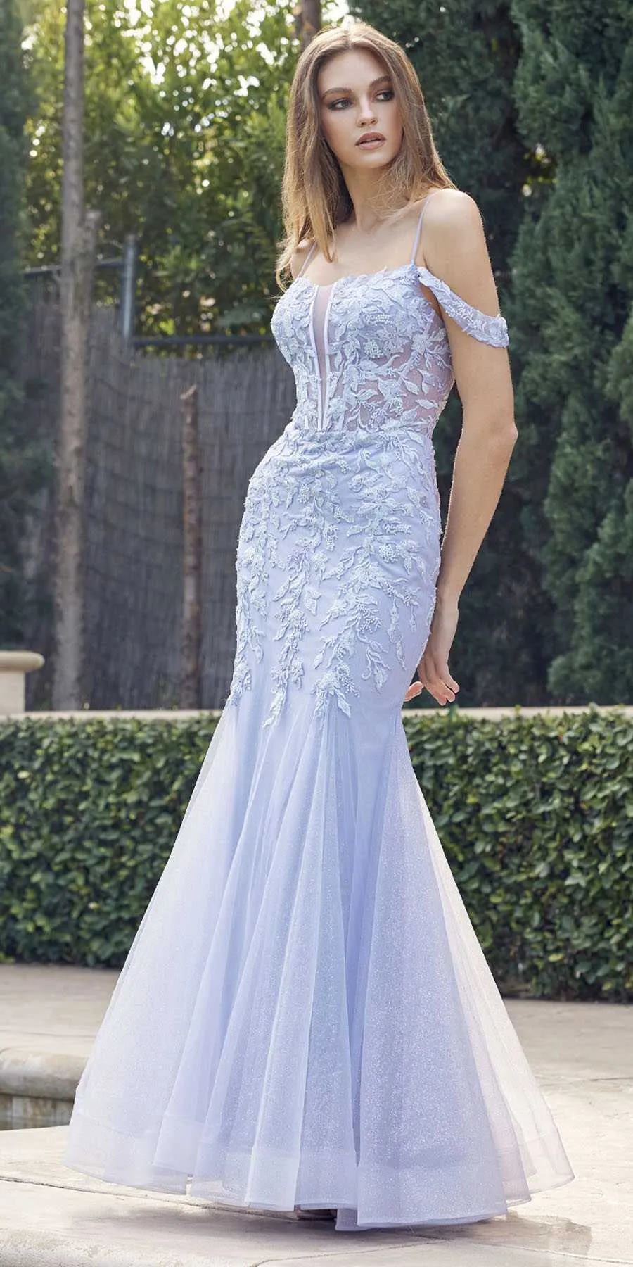 Juliet 290 Leaf Lace Embroidered Fitted Plunging Deep V-Neckline Prom Gown