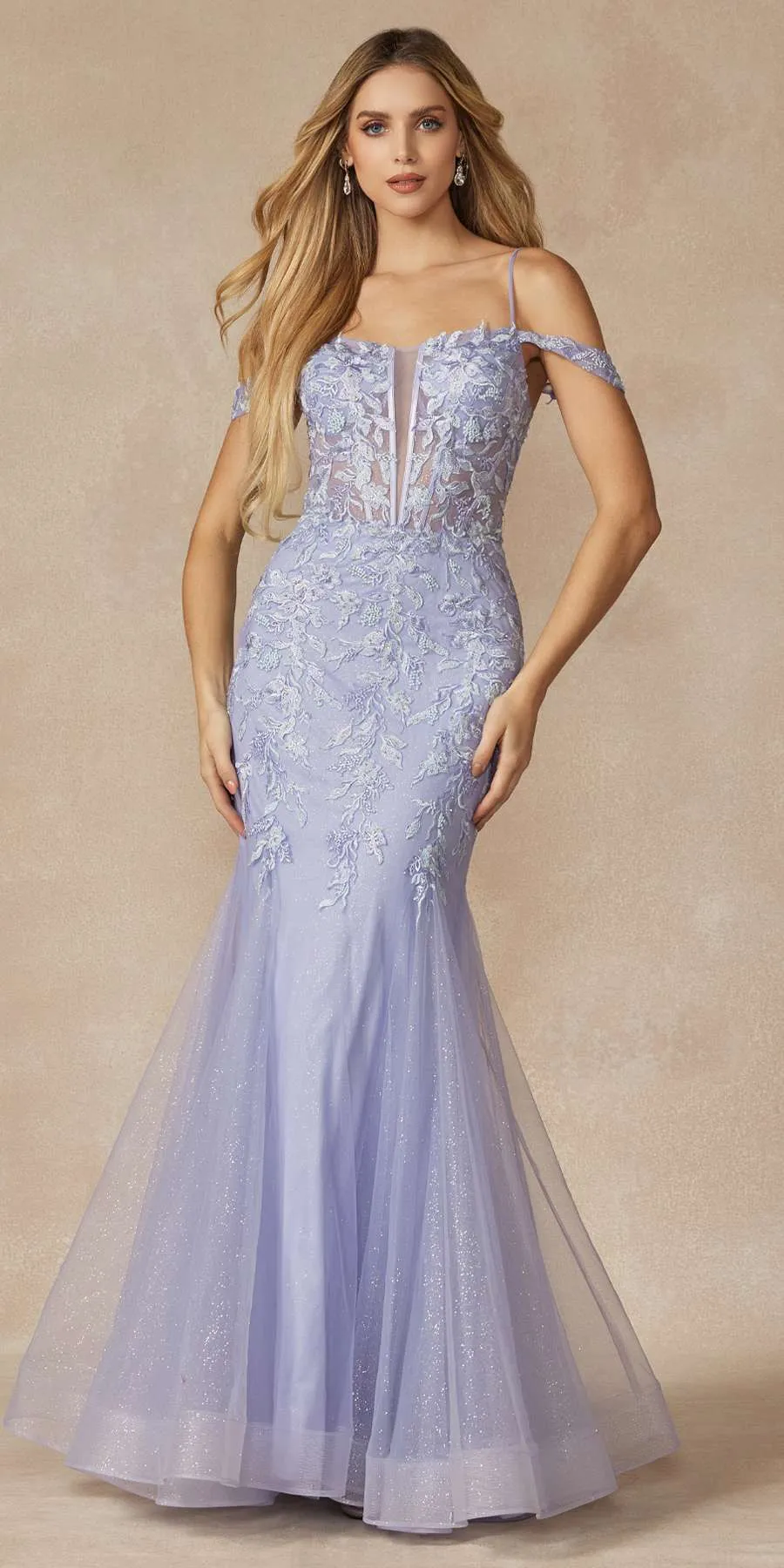 Juliet 290 Leaf Lace Embroidered Fitted Plunging Deep V-Neckline Prom Gown